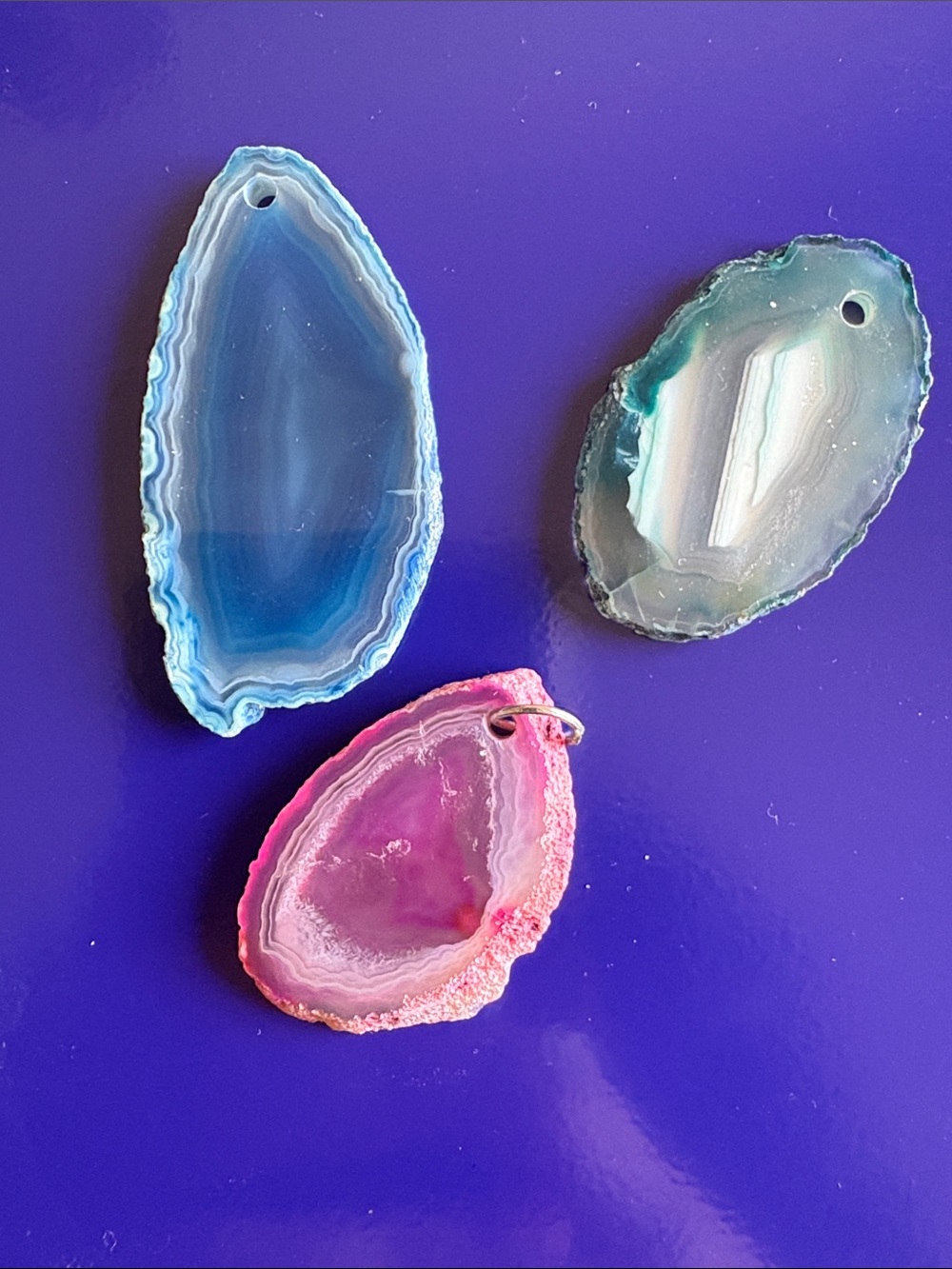 Dyed Agate Slice Pendant Trio - Blue, Pink, Green